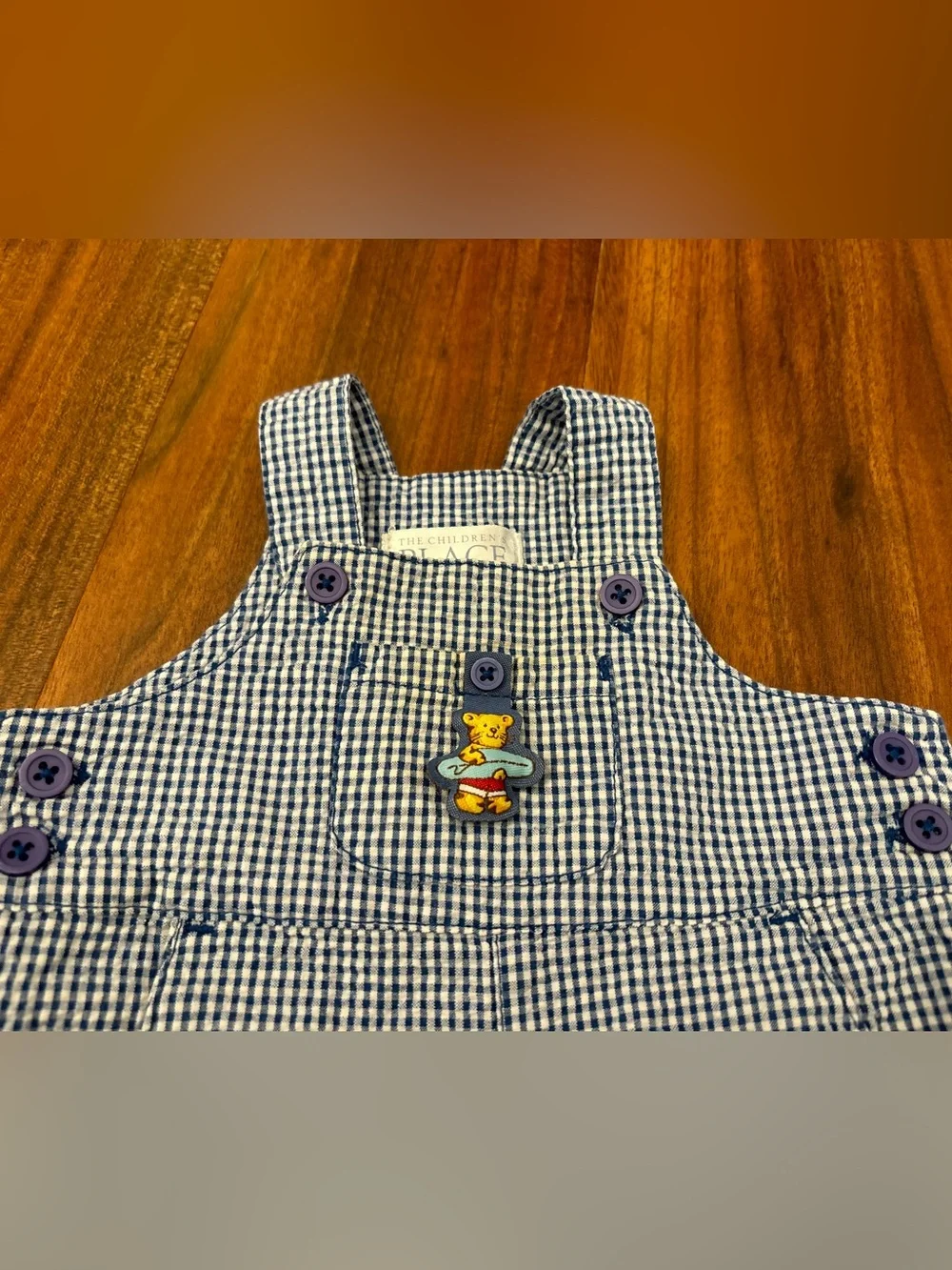 The Children’s Place blue/white plaid seersucker y2k surfer tiger overalls
